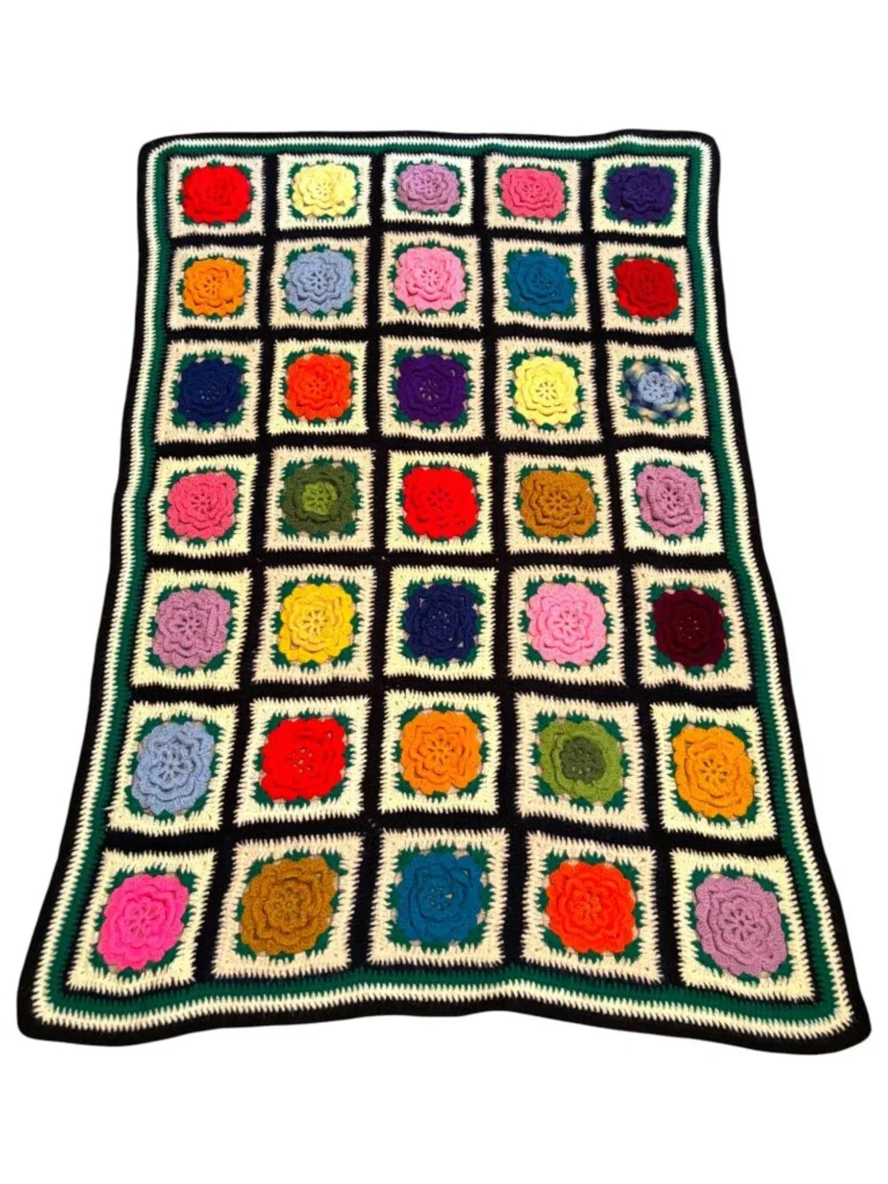 Handmade Crochet Afghan Blanket With 3D Floral Squares Multicolor Design Large T